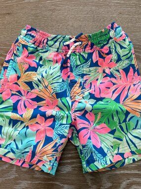 Boys Member's Mark blue floral swim trunks bathing suit size Small 6/7 matching